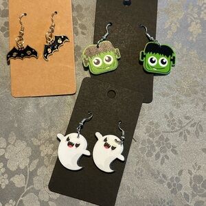 Halloween Themed Earrings Set Frankenstein Ghosts Bats Bundle